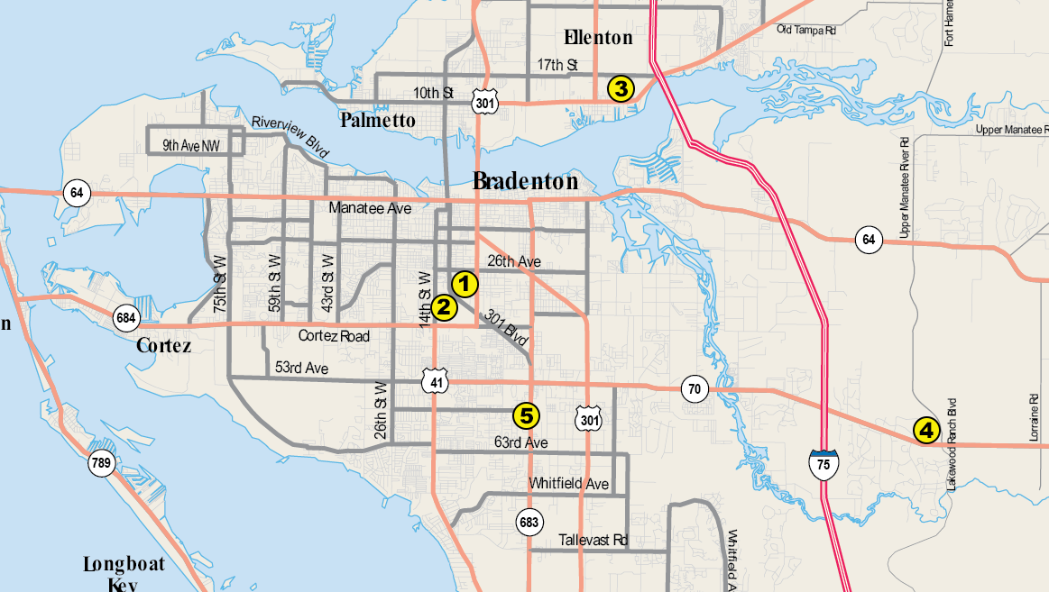 Map showing all Manatee County Tax Collector office locations and the First Manatee South County Tag Agency location