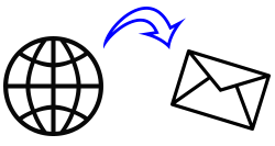 From left to right, an Internet globe icon, an arrow pointing to the right, and a mailing envelope icon.
