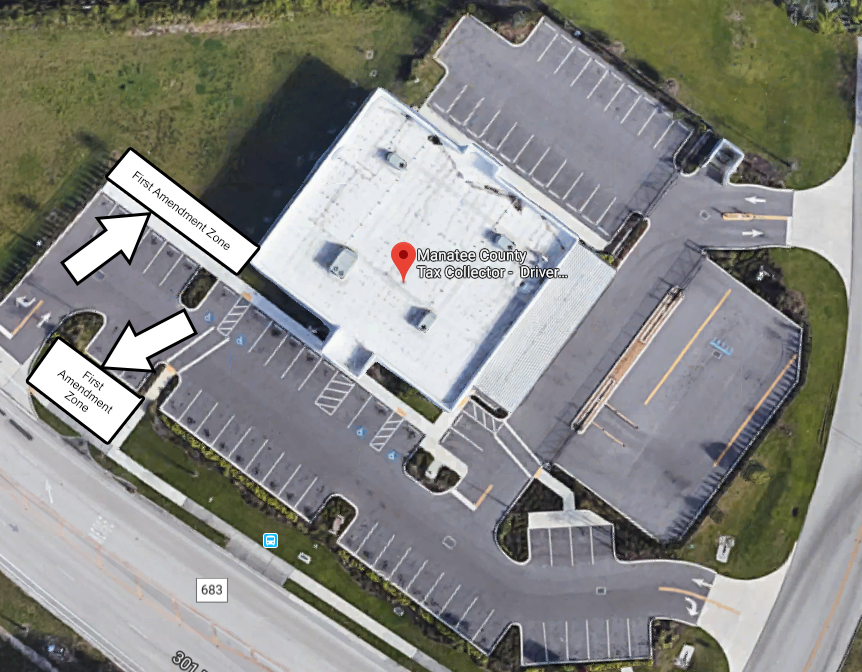 Overhead view of Driver License office showing the First Amendment Zones. Full alternative text is available at the link that follows this image.