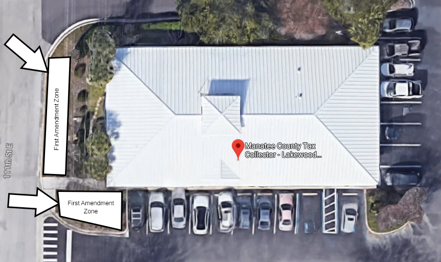 Overhead view of Lakewood Ranch office showing the First Amendment Zones. Full alternative text is available at the link that follows this image.